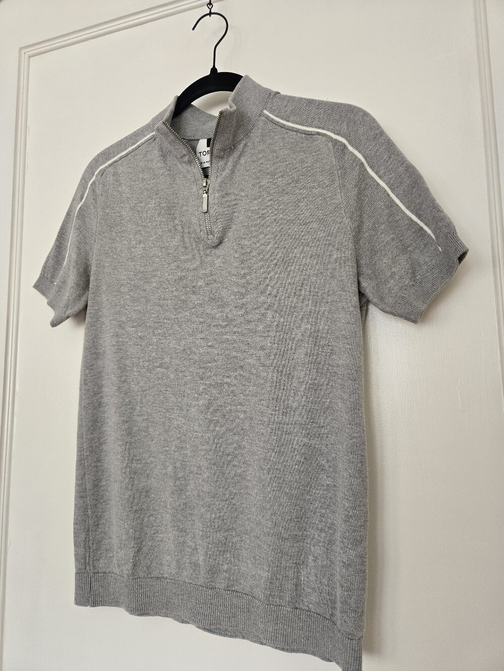 Topman Gray Short Sleeve Quarter Zip Knit Sweater Polo Stripe Accent XS